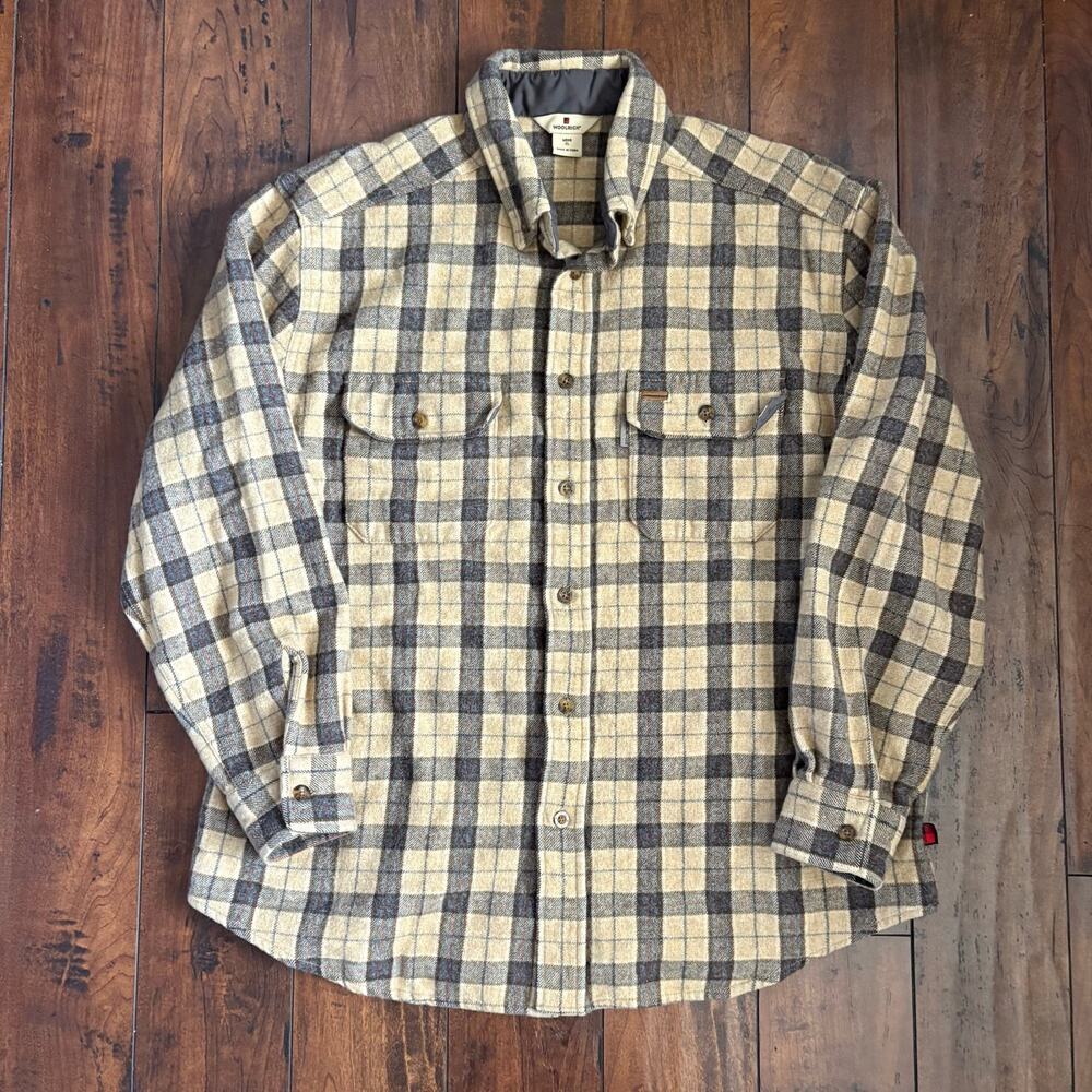 Woolrich Wool Flannel Shirt Mens XL Beige Plaid Button Down Collar Long Sleeve